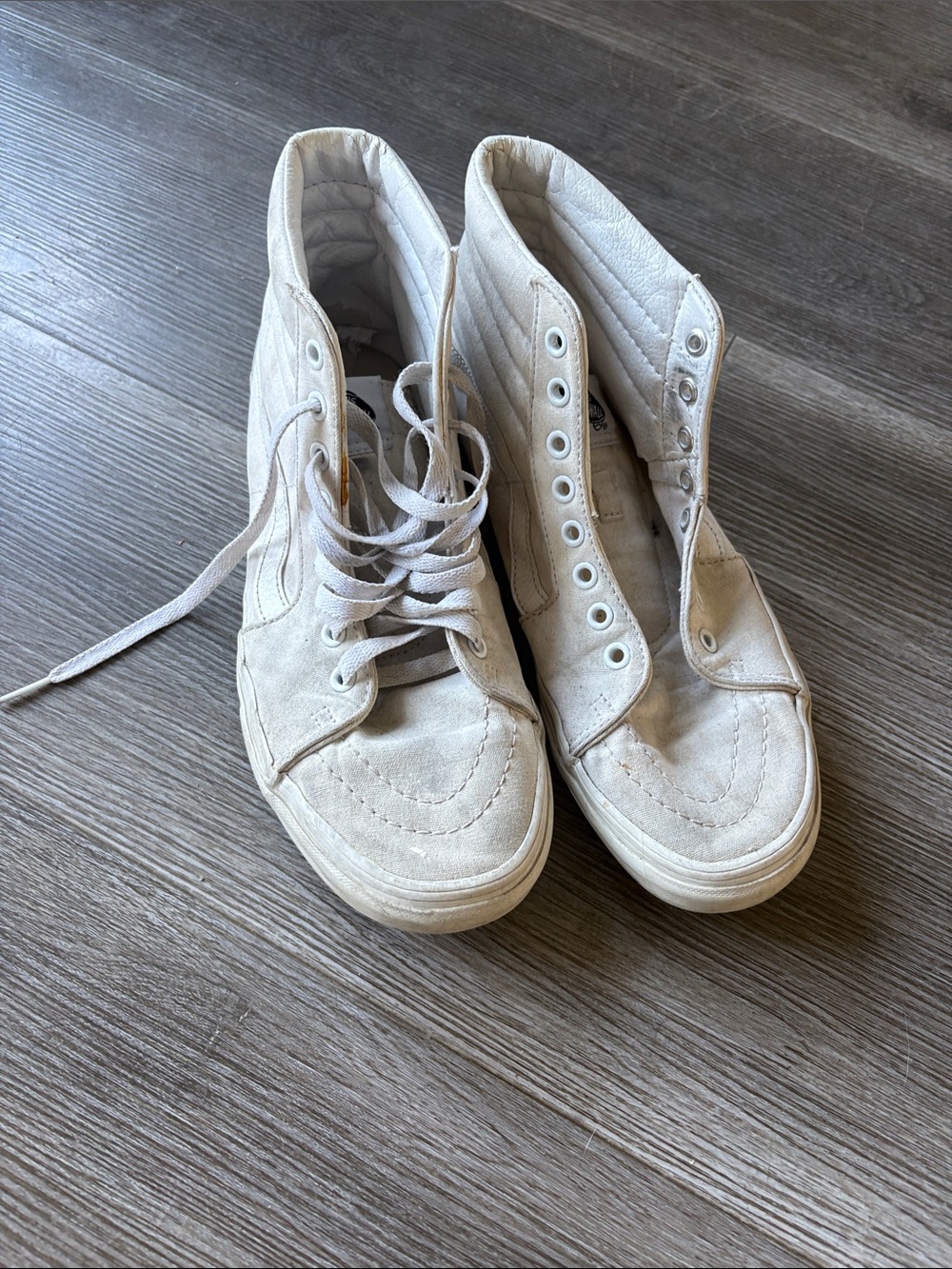 Vans Women's High-Top Sneakers in Off-White missing laces from one side
